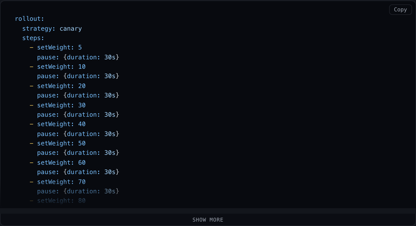 A long YAML block folded behind a Show more control, with a Copy button.