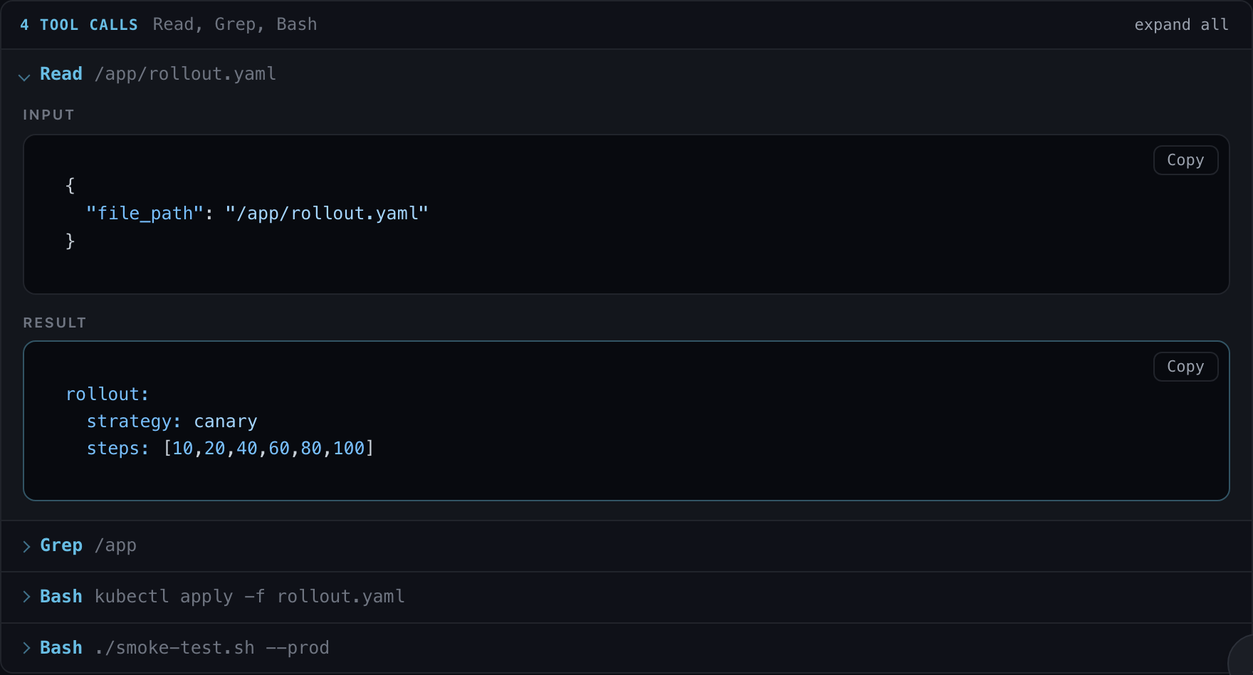 Four tool calls collapsed into one group with a count header and an expand-all control.