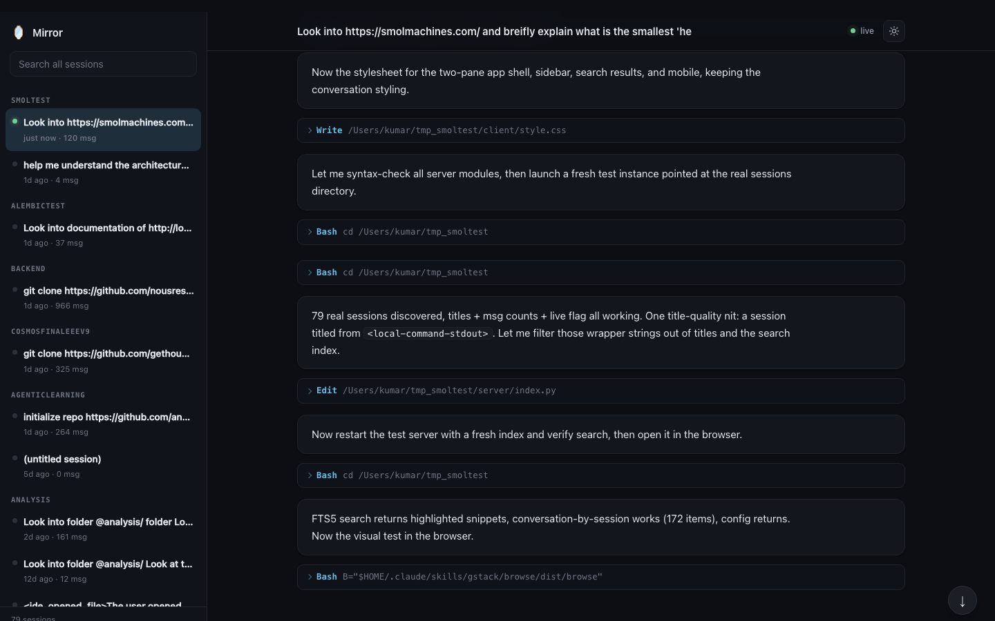The Mirror workspace: a session list on the left and a rendered Claude Code conversation on the right.