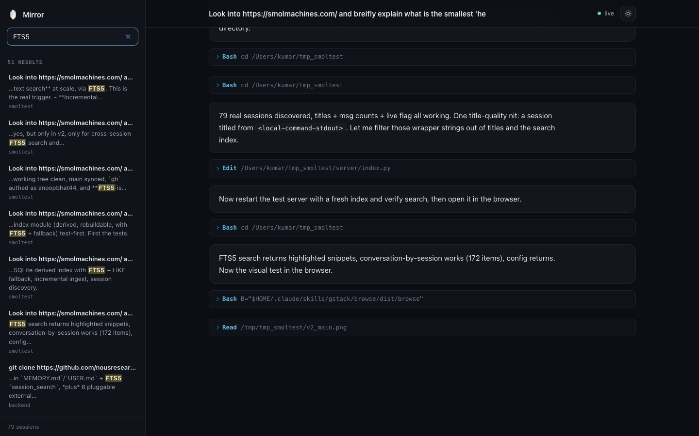 Searching across all sessions in Mirror, with matches highlighted in the results.